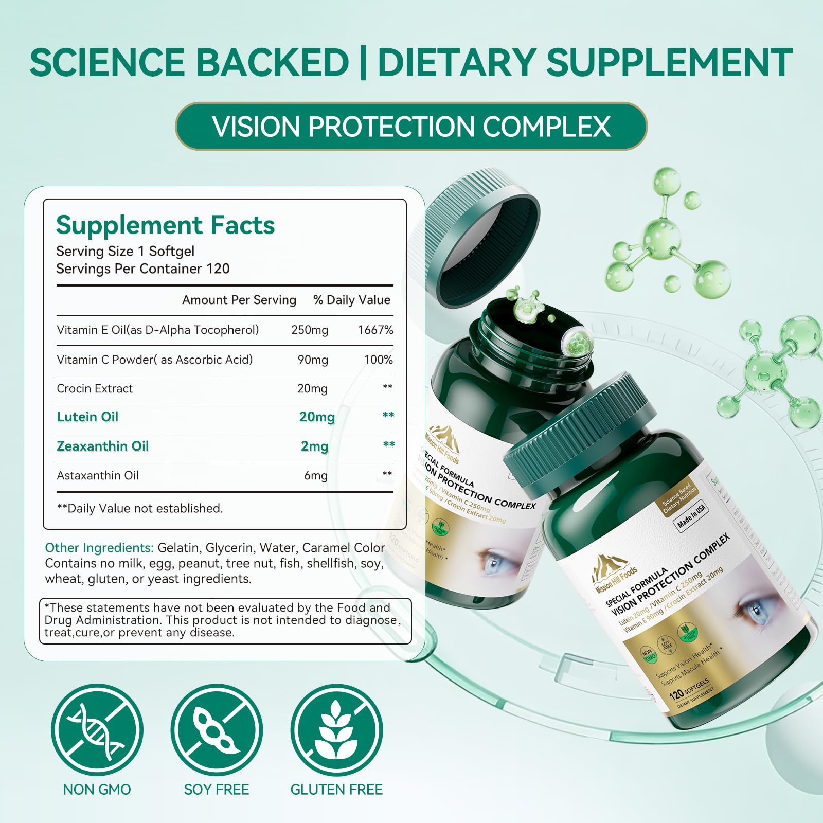 Mission Hill Foods Lutein 20mg ingredient label with lutein and zeaxanthin