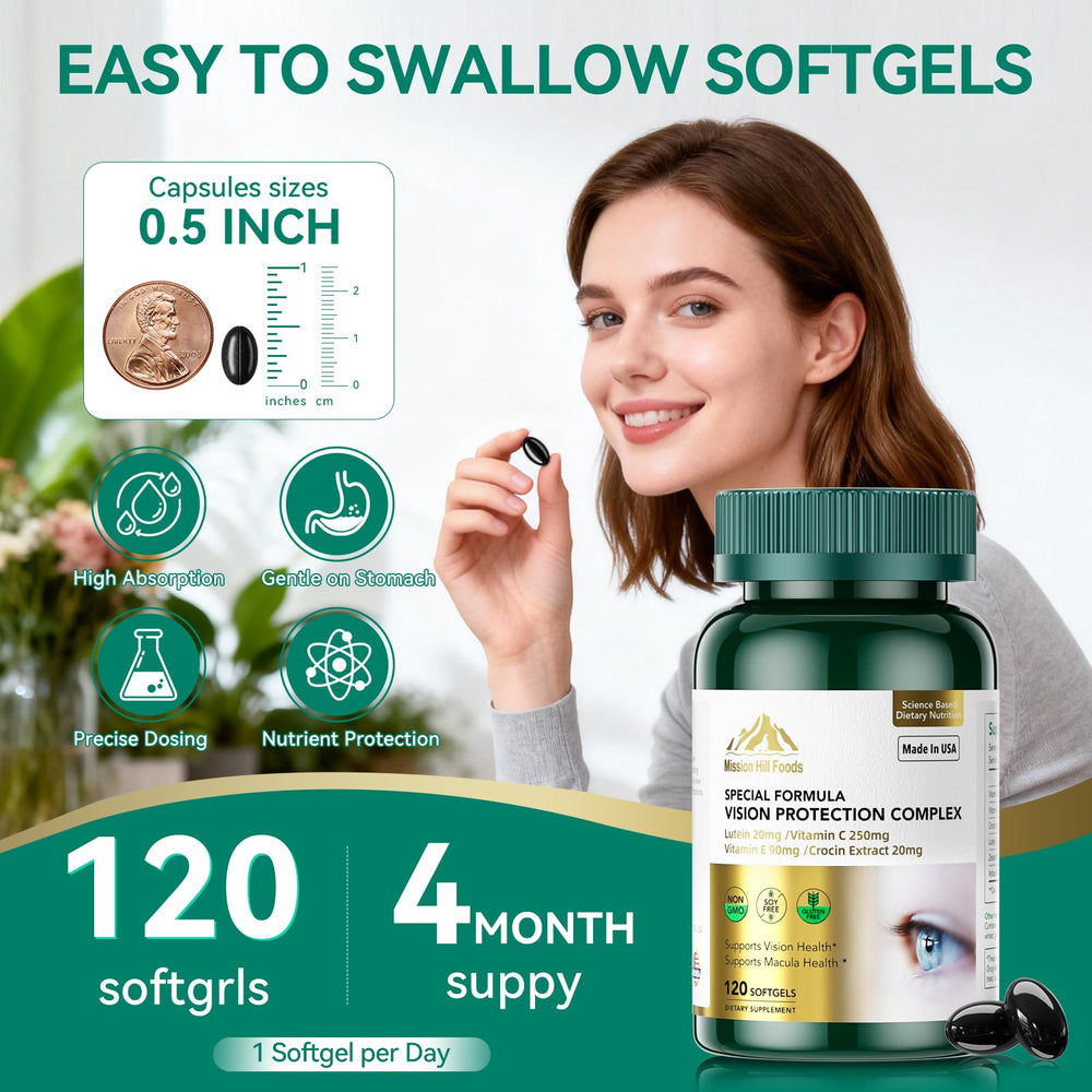 Mission Hill Foods Lutein 20mg softgel close-up showing capsule texture