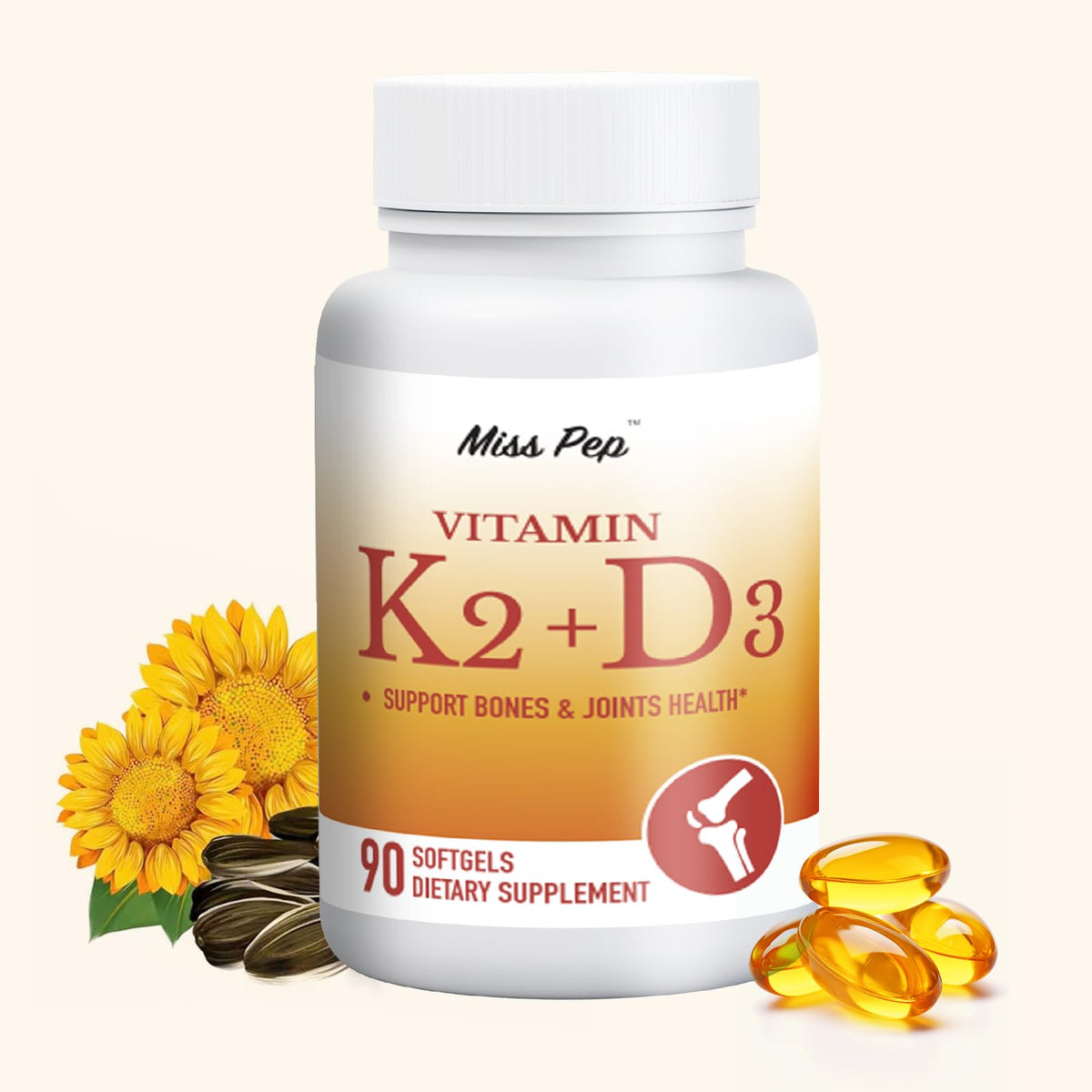 Misspep Vitamin D3 K2 bottle, compact and travel-ready for daily bone and immune support.