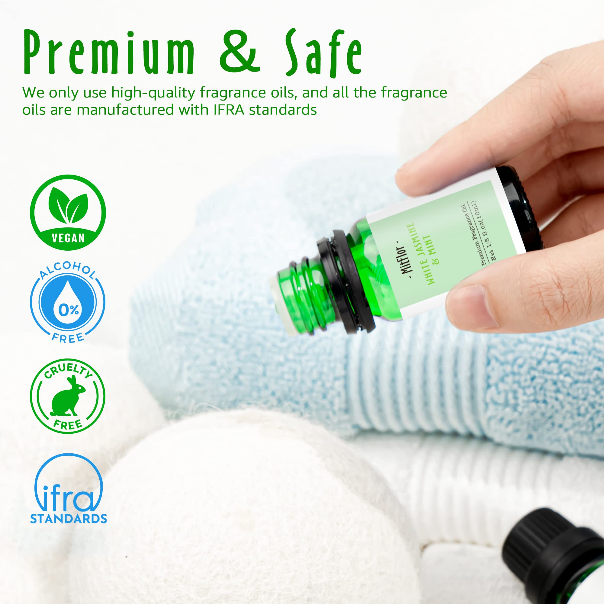MitFlor oil label close-up showing fragrance name and safety notes