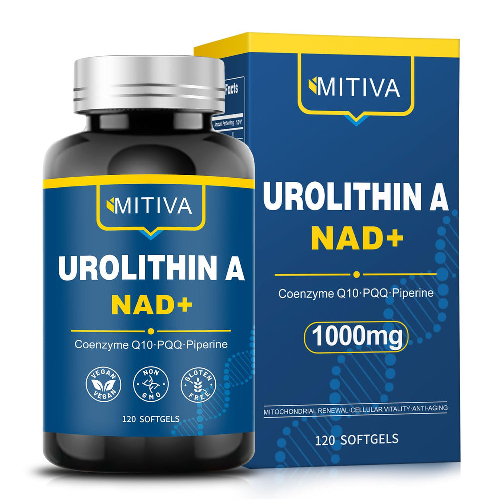 MITIVA Urolithin A supplement bottle ready for daily vitality and routine energy.
