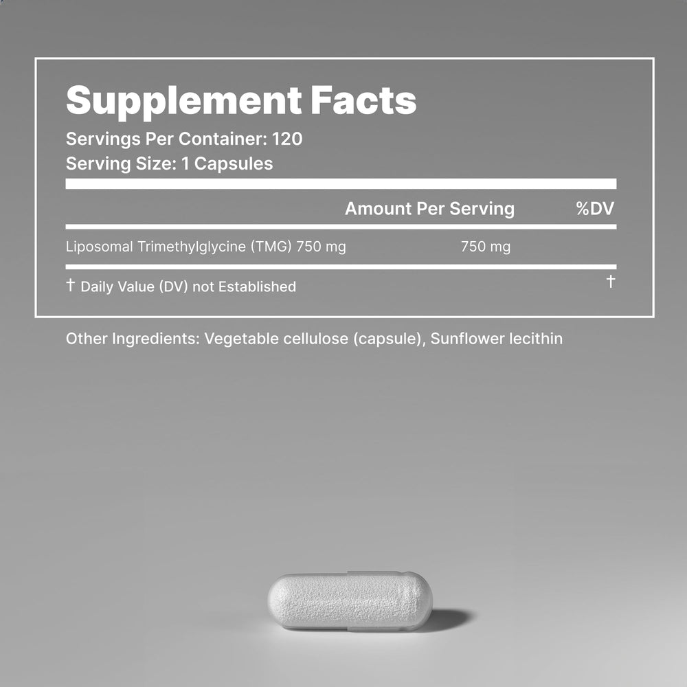 Mitogenex Liposomal TMG daily-use scene showing two-capsule serving.