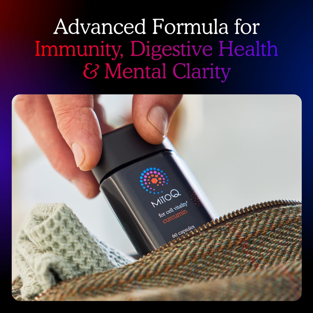 MitoQ Curcumin Advanced bottle pour showing convenient serving for wellness