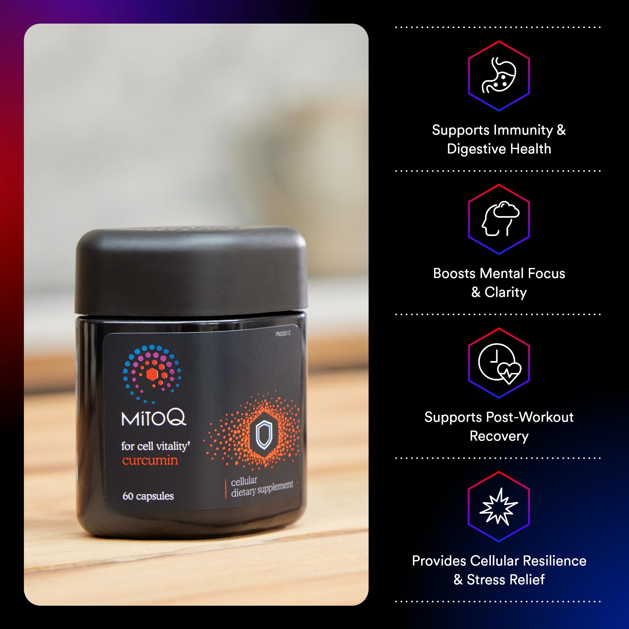 MitoQ Curcumin Advanced capsules closeup with suggested daily use