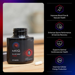 Close-up of MitoQ +Heart capsules highlighting energy and circulation support.