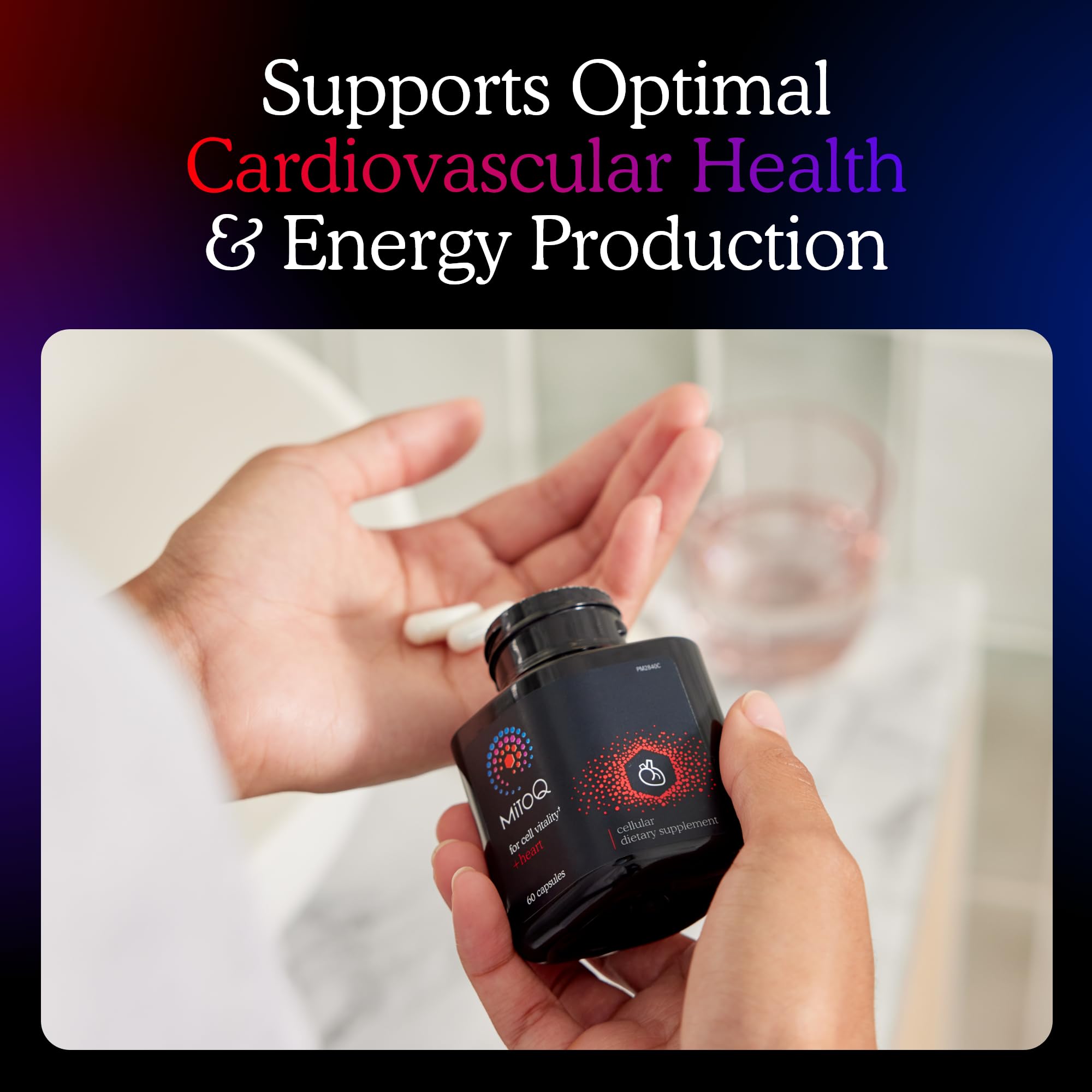 MitoQ +Heart label detail showing essential ingredients.