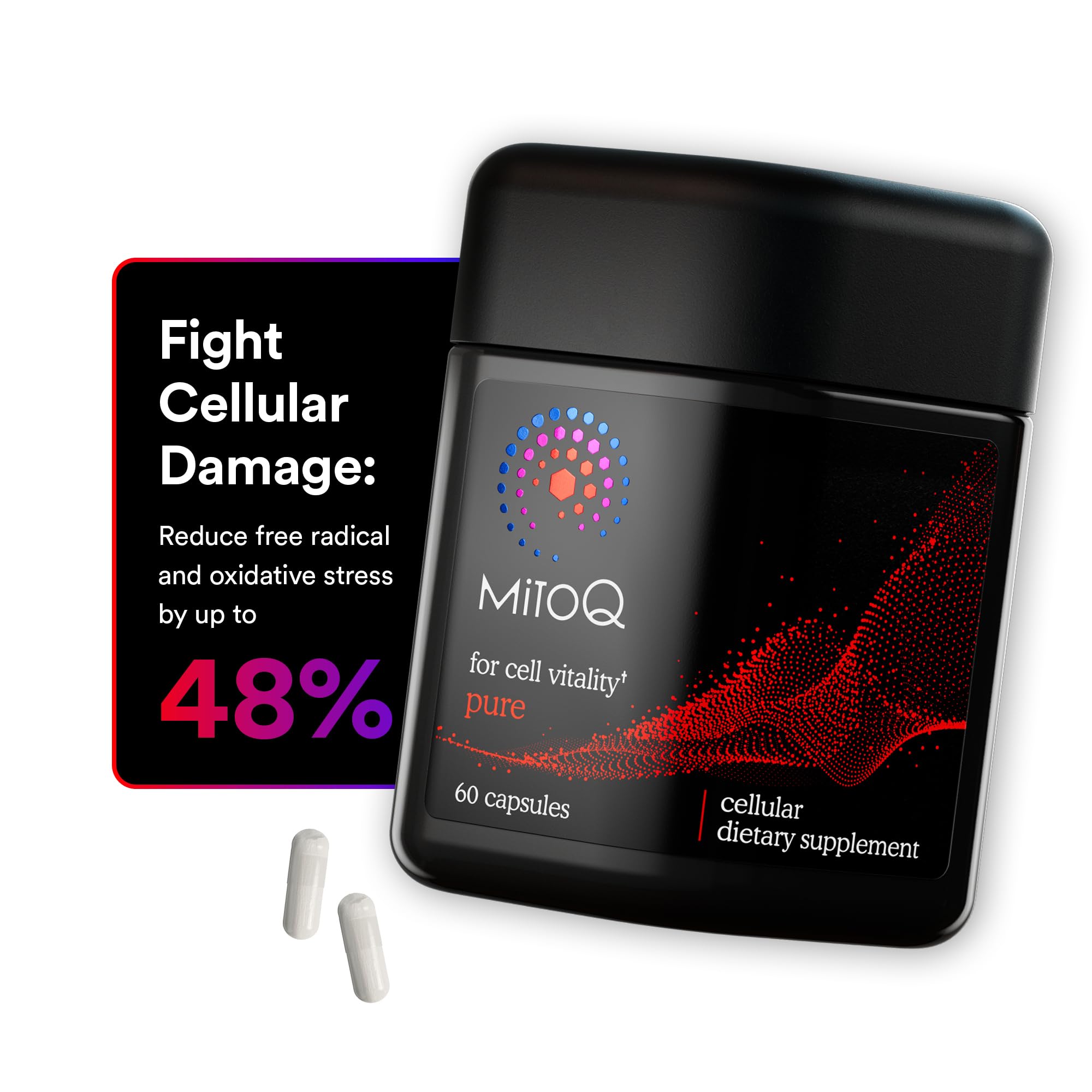 MitoQ Pure advanced mitochondria supplement bottle shows targeted antioxidant support for cellular vitality.