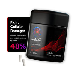 MitoQ Pure advanced mitochondria supplement bottle shows targeted antioxidant support for cellular vitality.