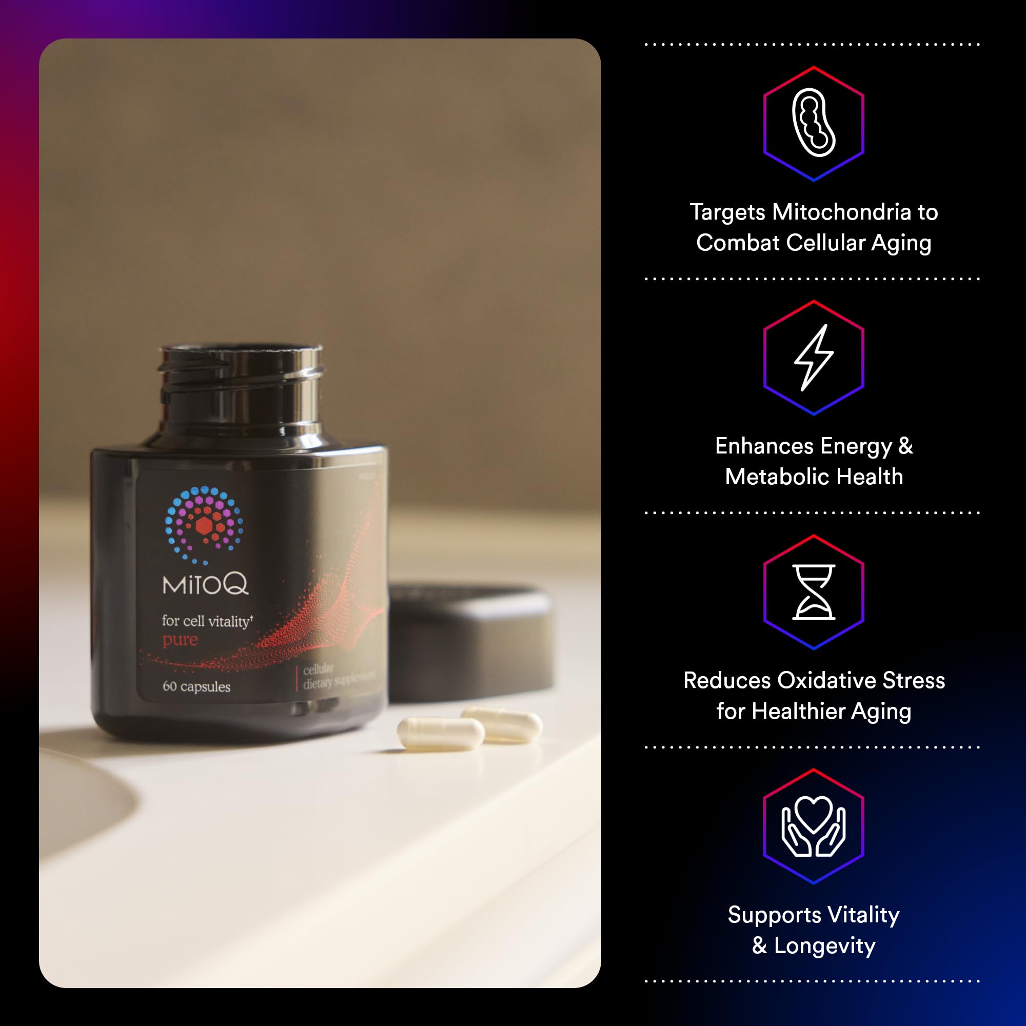 MitoQ Pure capsule closeup highlighting easy daily dosing for energy and metabolic support.