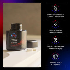 MitoQ Pure capsule closeup highlighting easy daily dosing for energy and metabolic support.