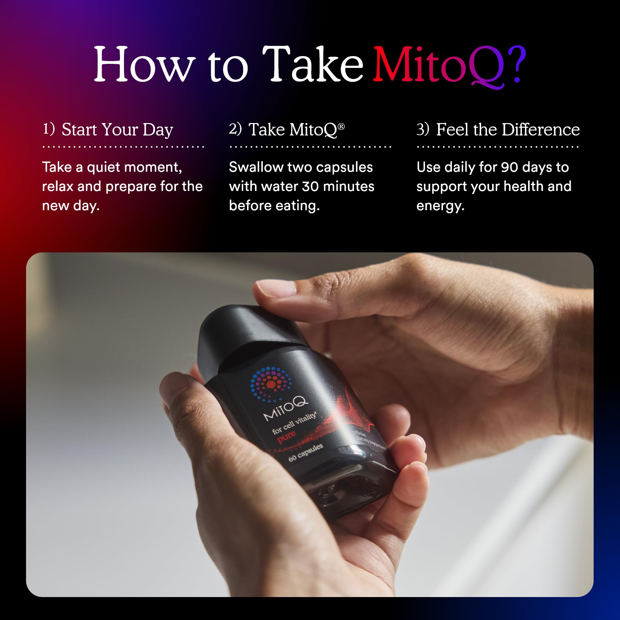 MitoQ Pure GMP seal and doctor trust badge reinforces quality and expert endorsement.