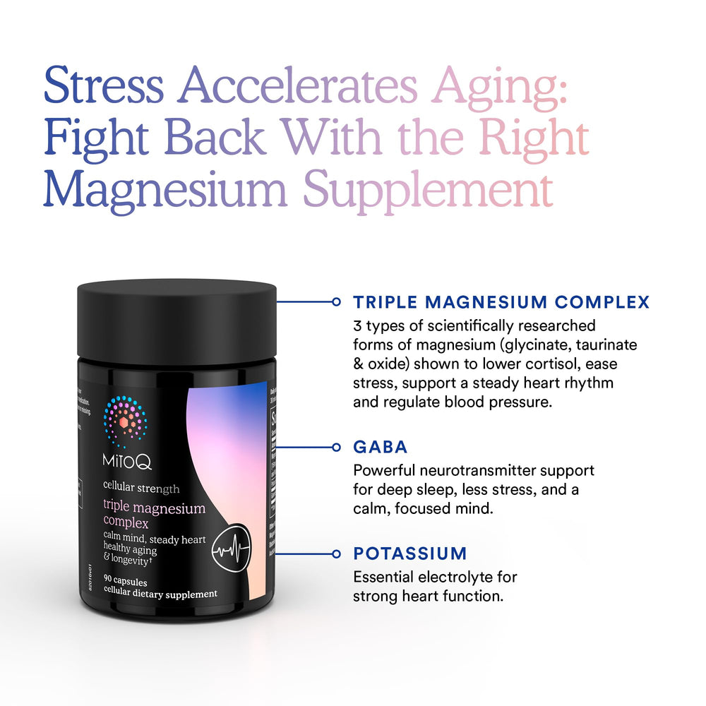 MitoQ Triple Magnesium Complex bottle with a glass signaling easy daily use.