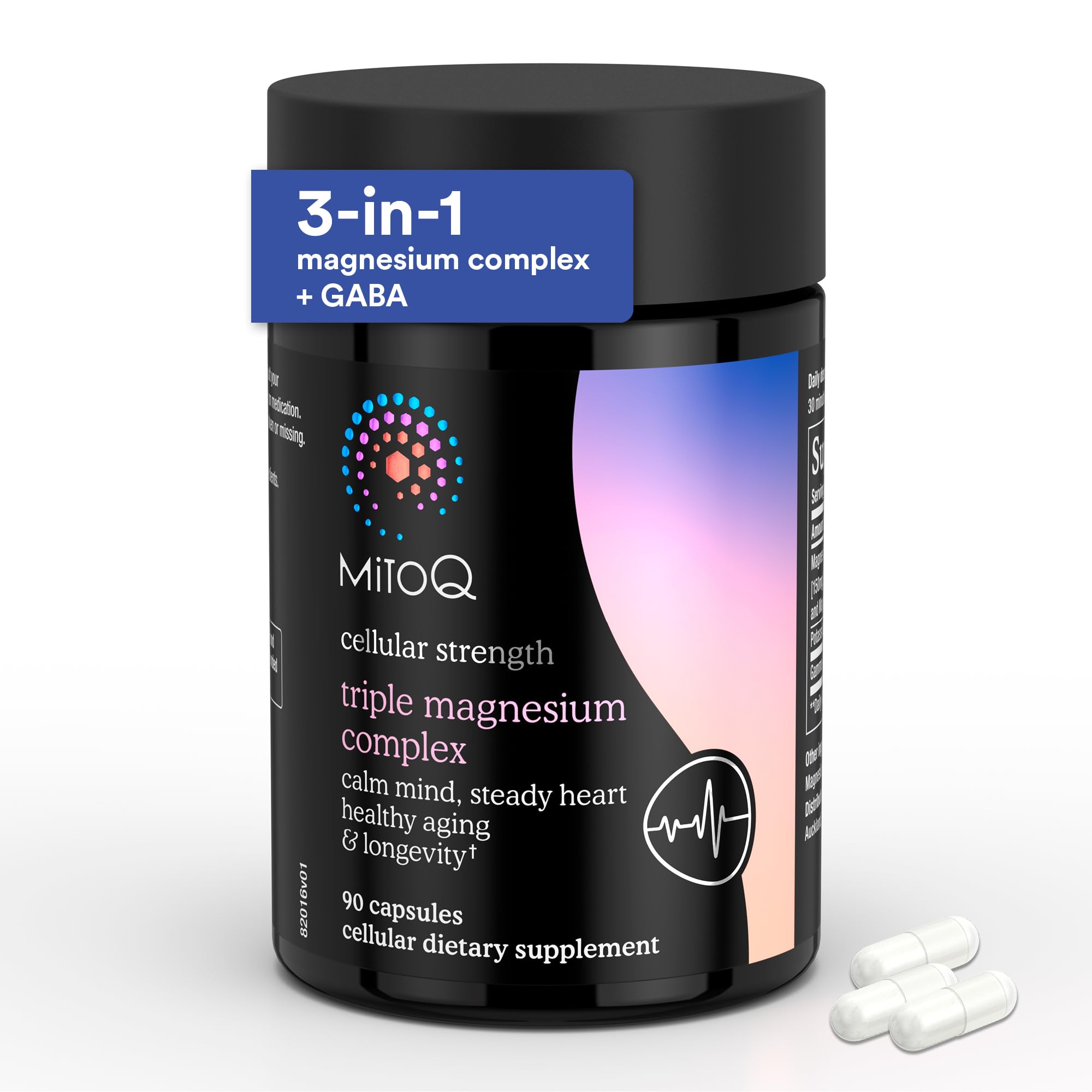 MitoQ Triple Magnesium Complex bottle on a clean surface for daily wellness support.