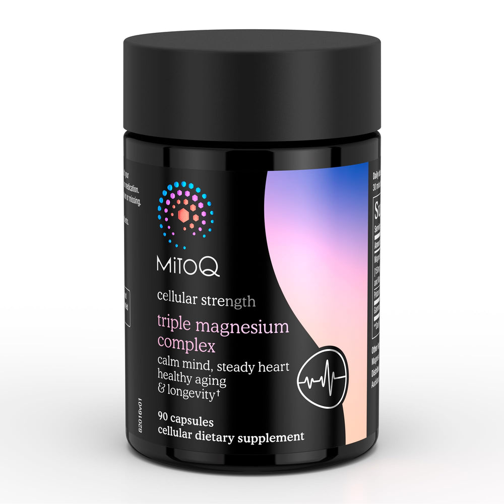 MitoQ Triple Magnesium Complex capsules close-up highlighting high-absorption magnesium.
