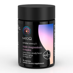 MitoQ Triple Magnesium Complex capsules close-up highlighting high-absorption magnesium.
