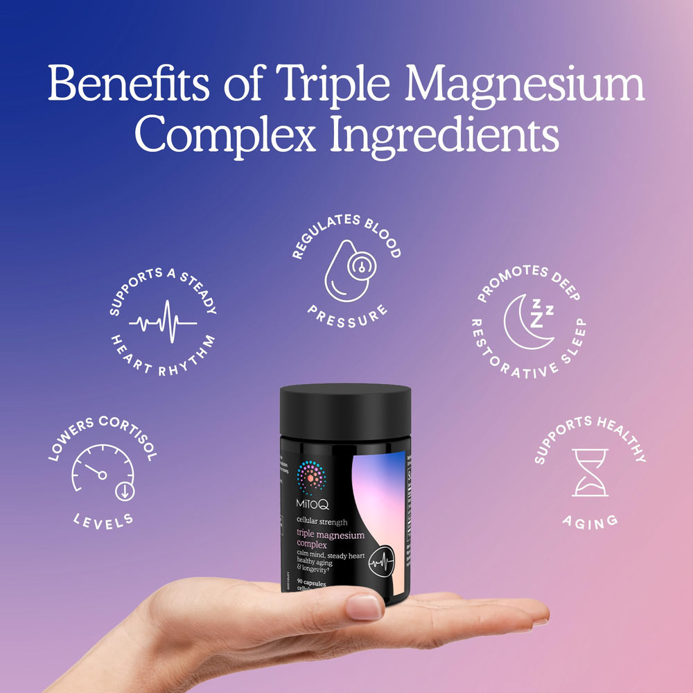 MitoQ Triple Magnesium Complex on a desk scene suggesting calm, focused mornings.