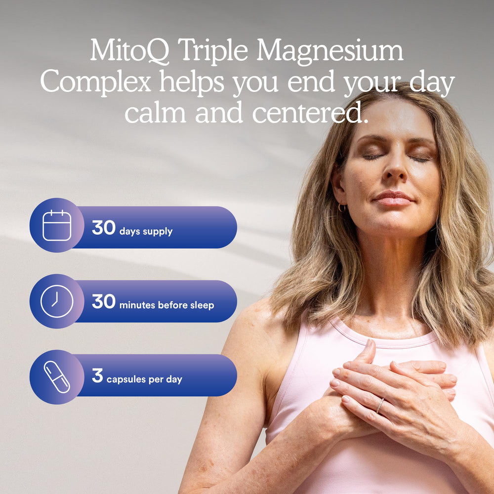 MitoQ Triple Magnesium Complex health graphic emphasizing stress support and sleep benefits.