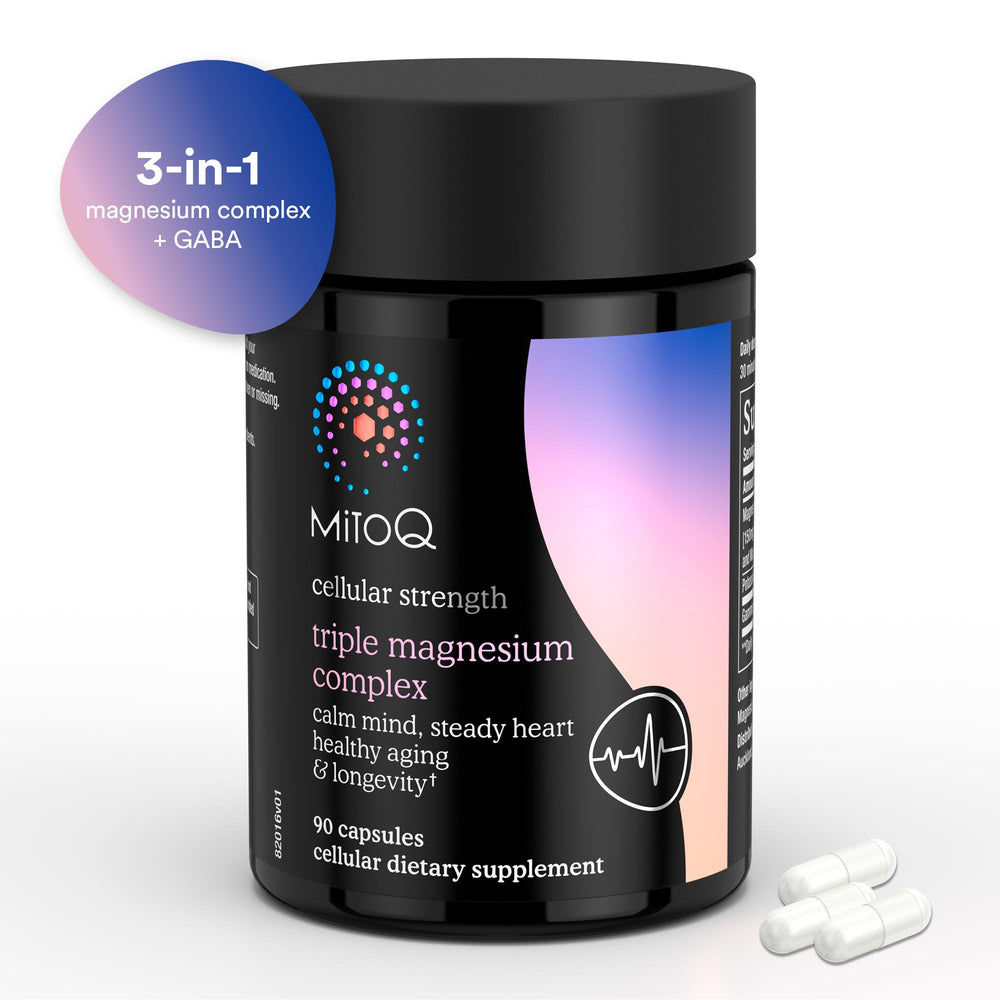 MitoQ Triple Magnesium Complex lifestyle shot suggesting managing daily stress with regular use.