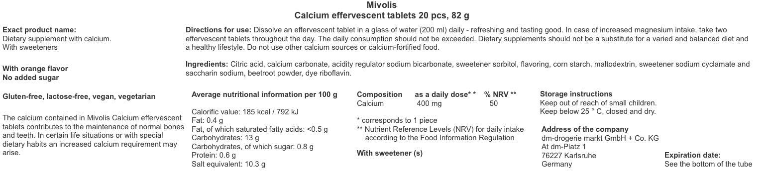 Mivolis orange-flavored calcium tablets offer tasty daily use.