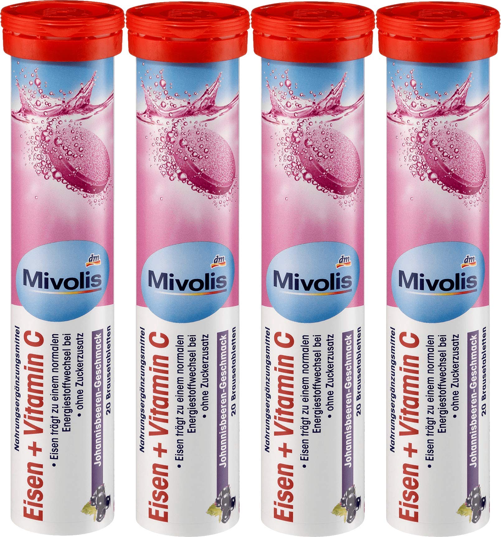 Mivolis iron and vitamin C effervescent tablets in bottle front for daily convenience.