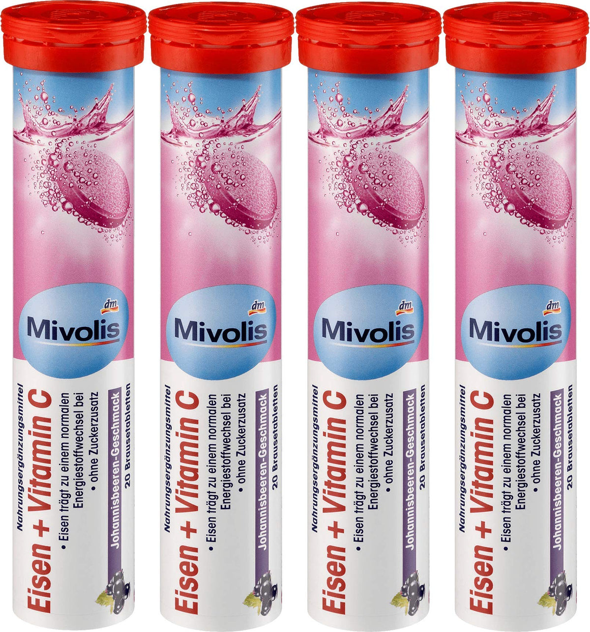 Mivolis iron and vitamin C effervescent tablets in bottle front for daily convenience.