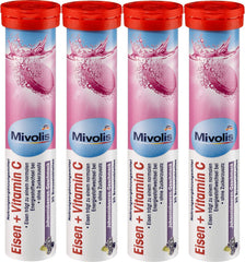 Mivolis iron and vitamin C effervescent tablets in bottle front for daily convenience.