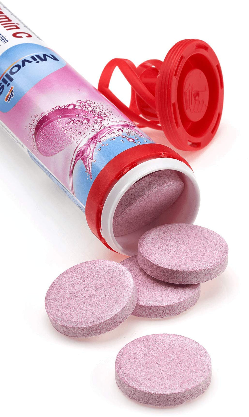 Mivolis bottle side view highlighting gluten-free vegan formula.