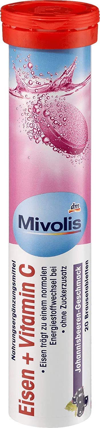 Mivolis iron and vitamin C effervescent tablet dissolving in water for easy daily use.