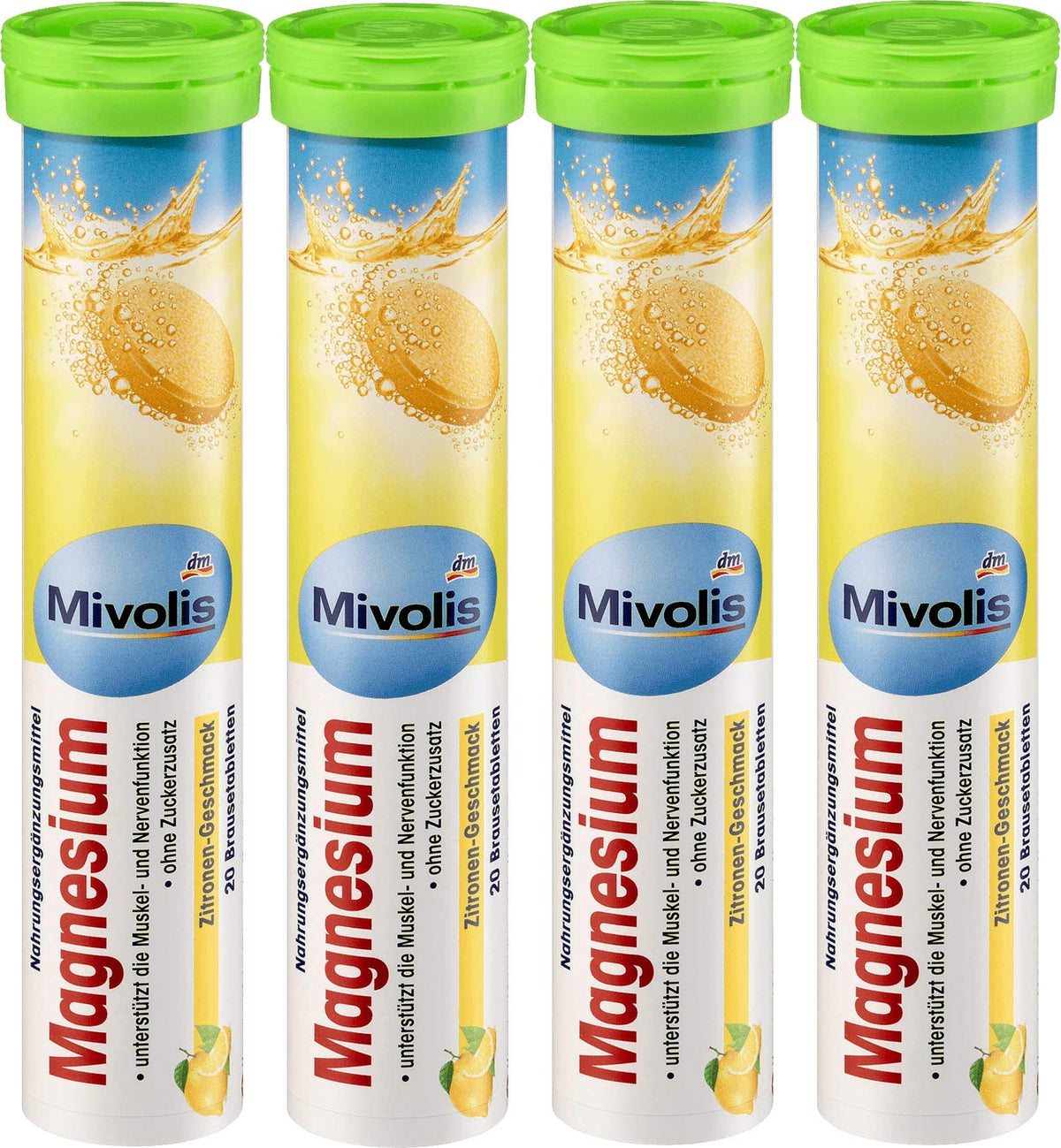 Mivolis Magnesium effervescent tablets lemon flavor in pack, sugar-free daily use.