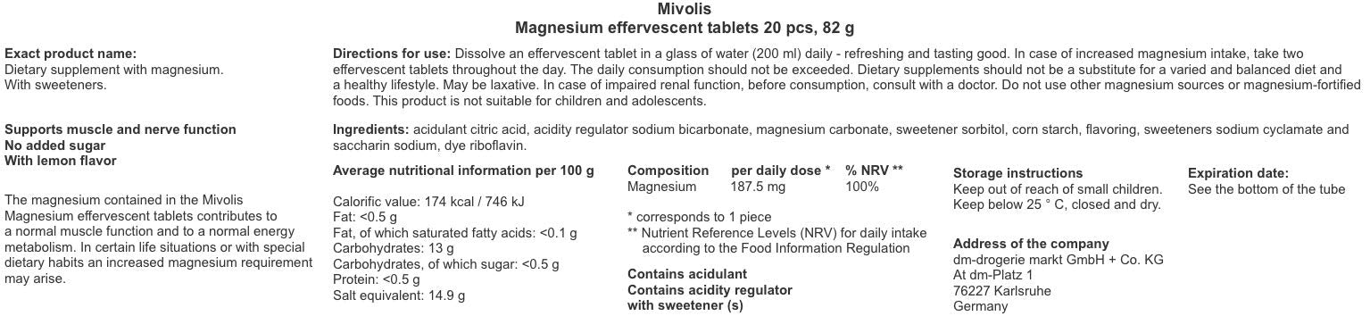 Mivolis magnesium ingredients list shows vegetarian tablets.