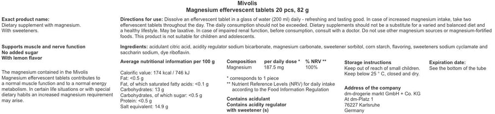 Mivolis magnesium ingredients list shows vegetarian tablets.