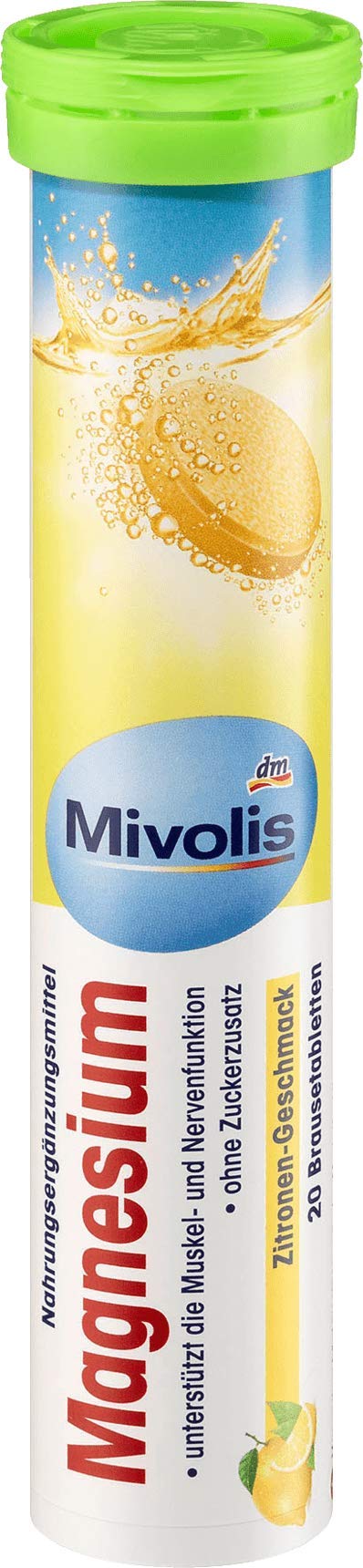 Nutrition label on Mivolis magnesium package with usage guidance.
