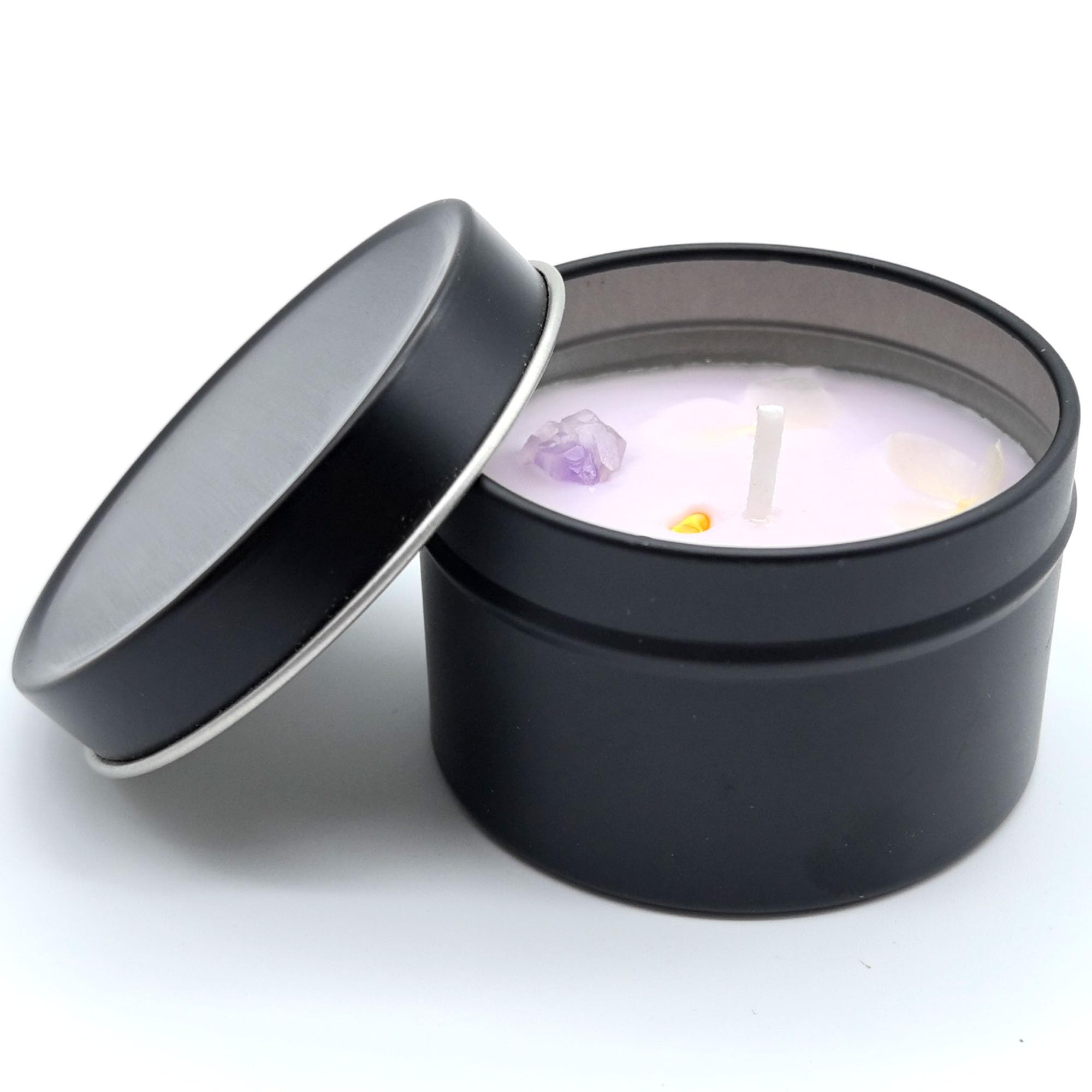 Mivra Zyora candle with amethyst crystals on top for serene ambiance