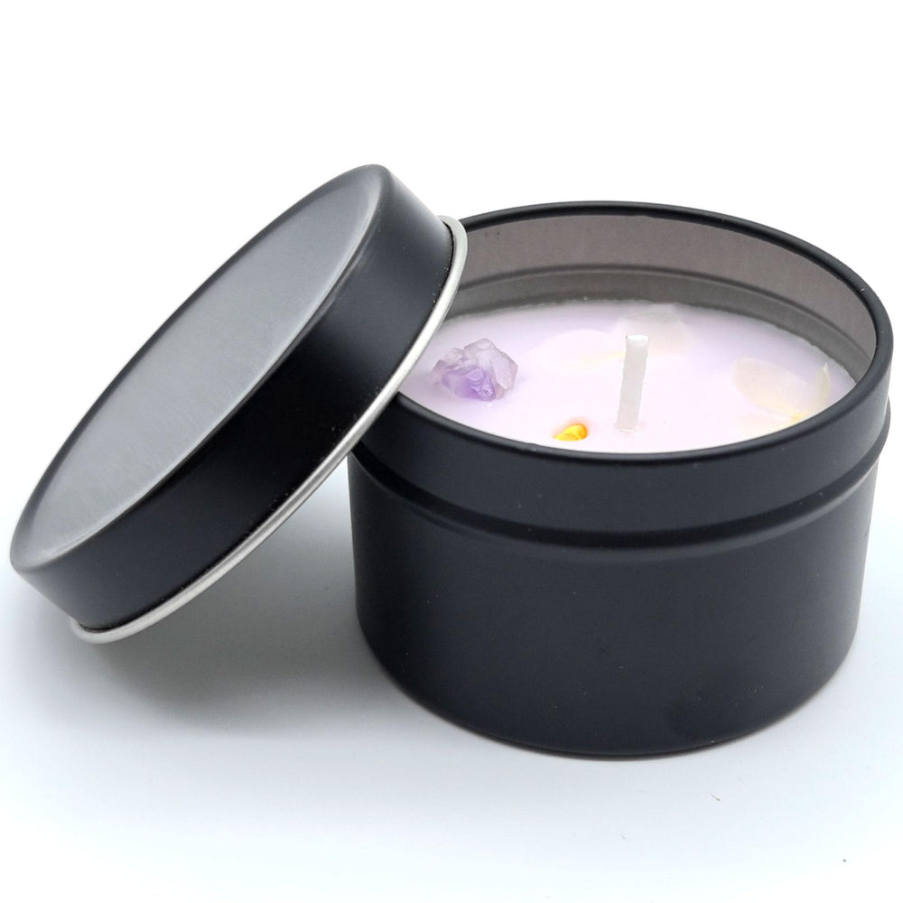 Mivra Zyora candle with amethyst crystals on top for serene ambiance