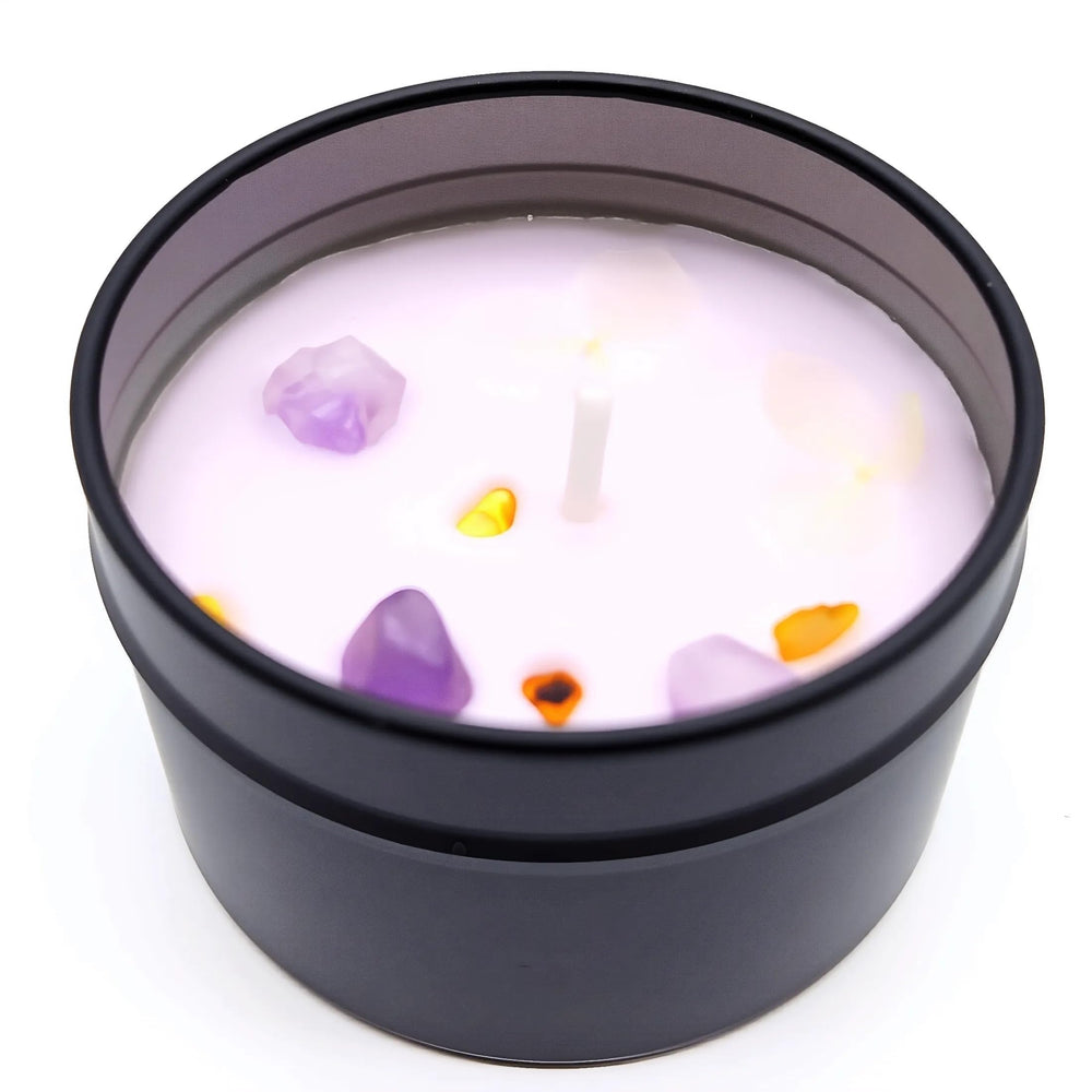 Mivra Zyora lavender candle tin emitting a calming scent for home relaxation