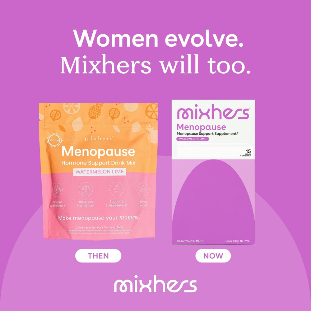 Mixhers Menopause glass with prepared drink ready to sip for balance.