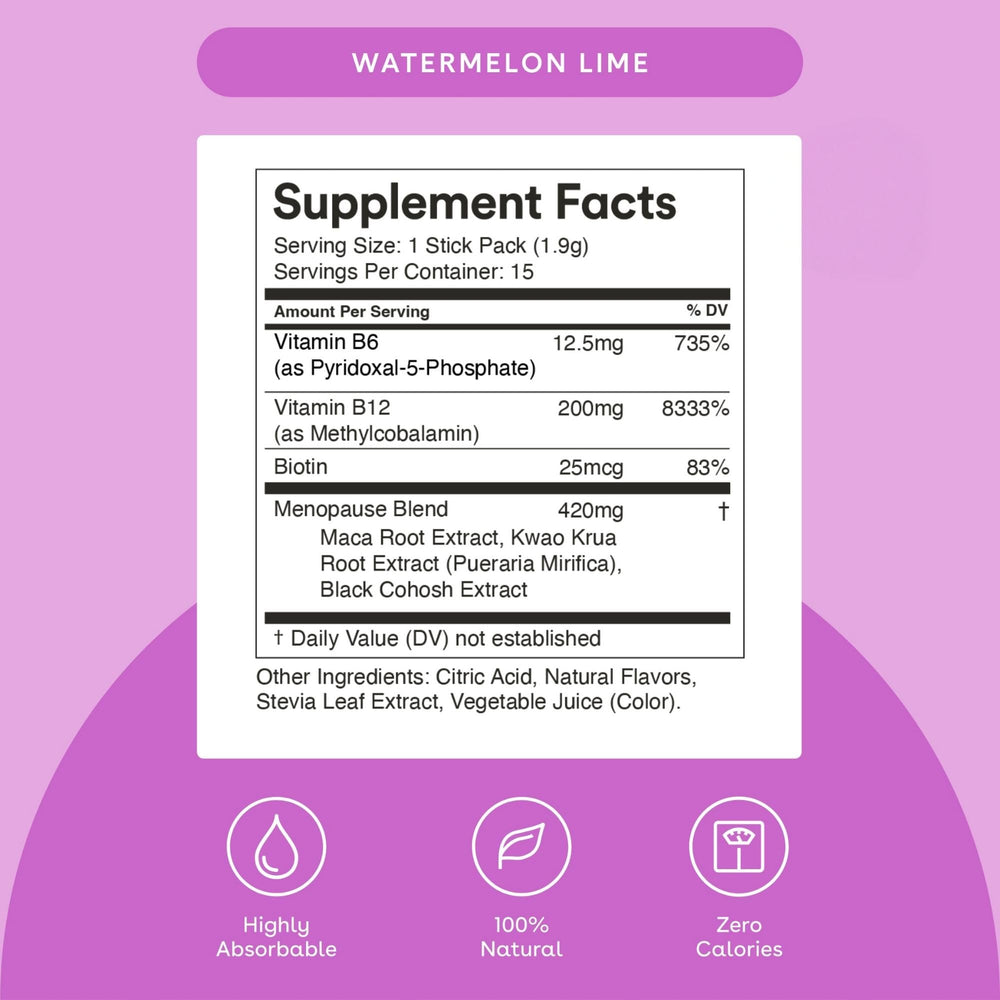 Mixhers Menopause powder dissolving in water for a sugar-free daily routine.