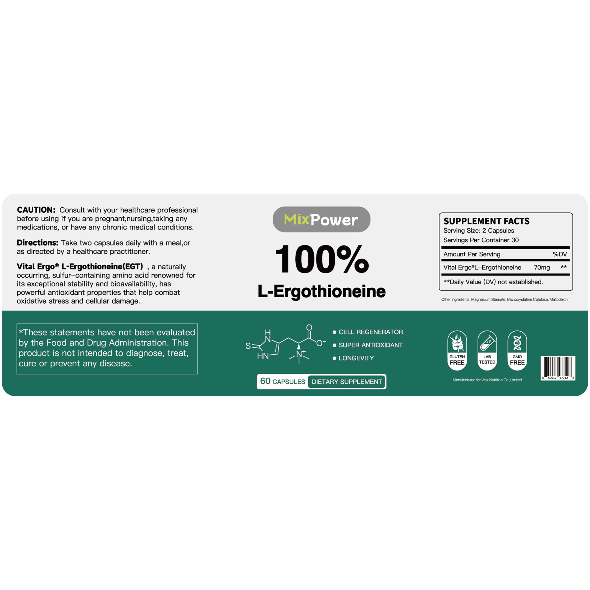 MixPower EGT 70mg capsules label highlights purity and safety for daily wellness.