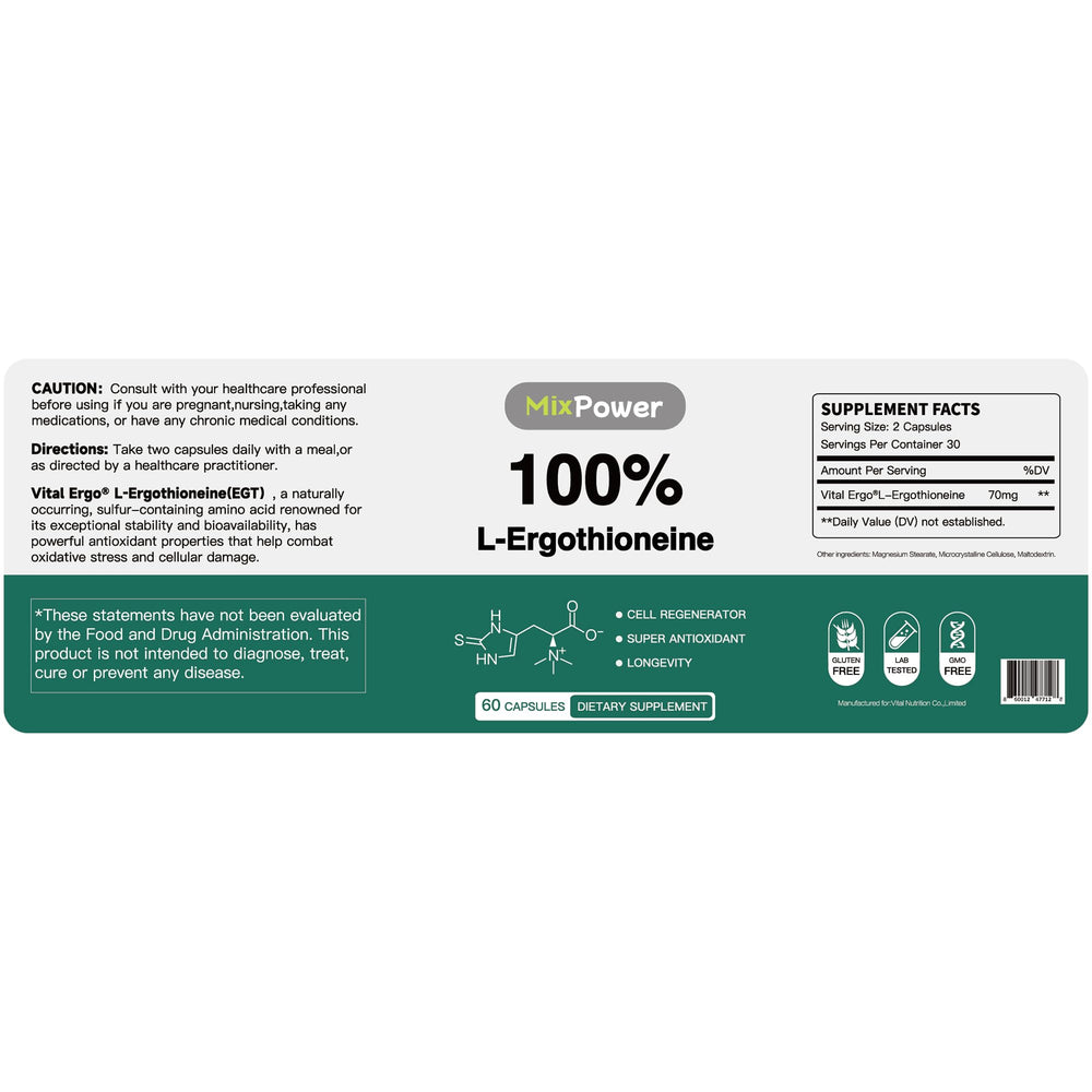 MixPower EGT 70mg capsules label highlights purity and safety for daily wellness.