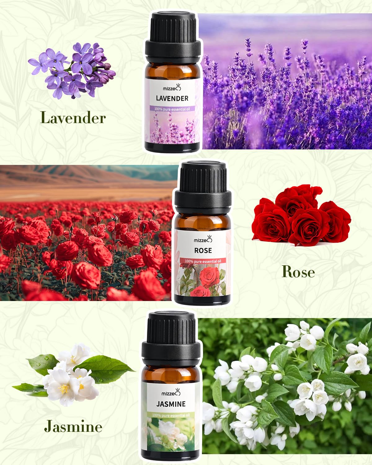 MIZZEO jasmine essential oil bottle enhances mood and focus for calm moments
