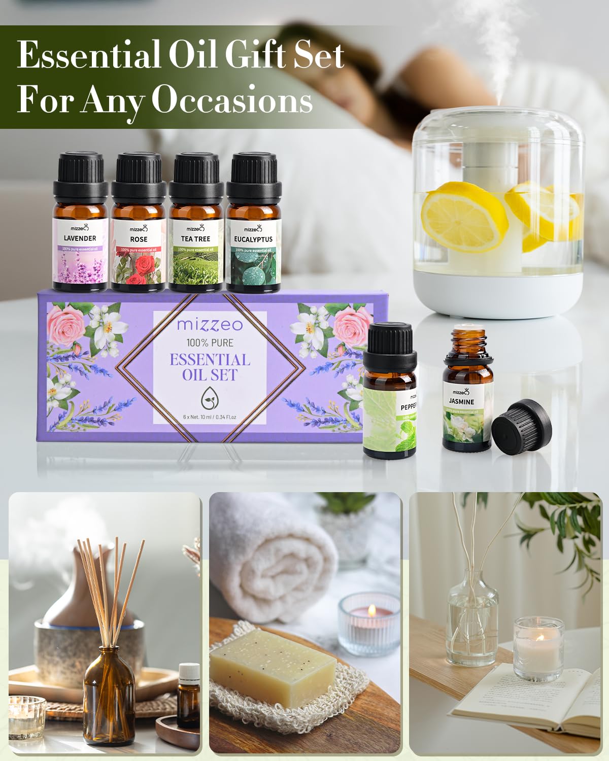MIZZEO tea tree essential oil bottle freshens spaces with natural aroma