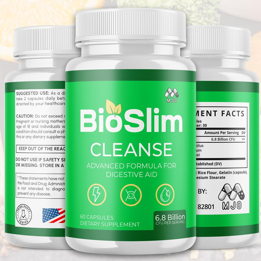 Close-up of MJO Bioslim Cleanse capsules highlighting premium vitamins.