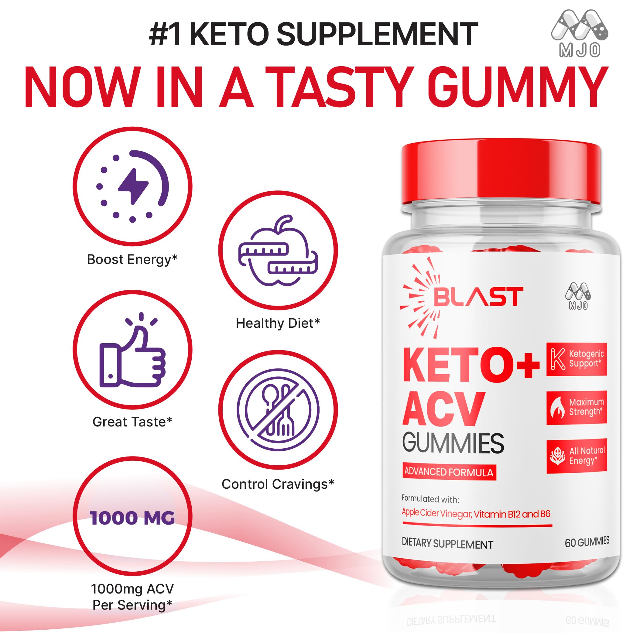 MJO Blast Keto ACV Gummies closeup shows chewy texture and flavor.