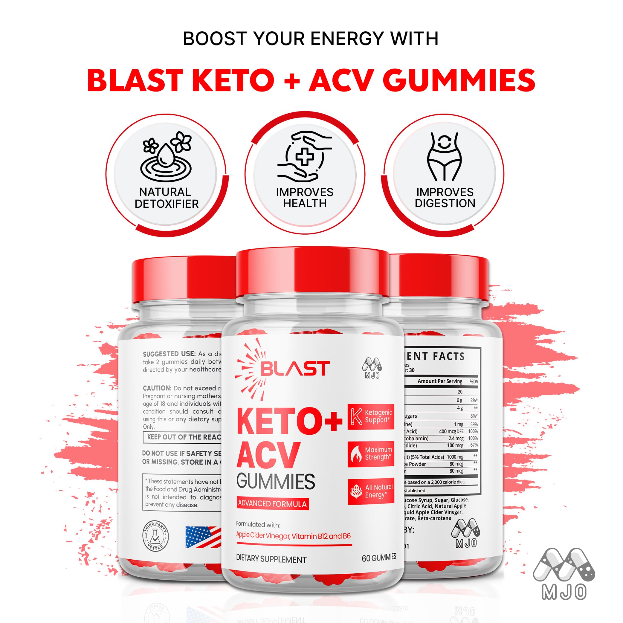 MJO Blast Keto ACV Gummies packaging box detail highlighting ingredients.