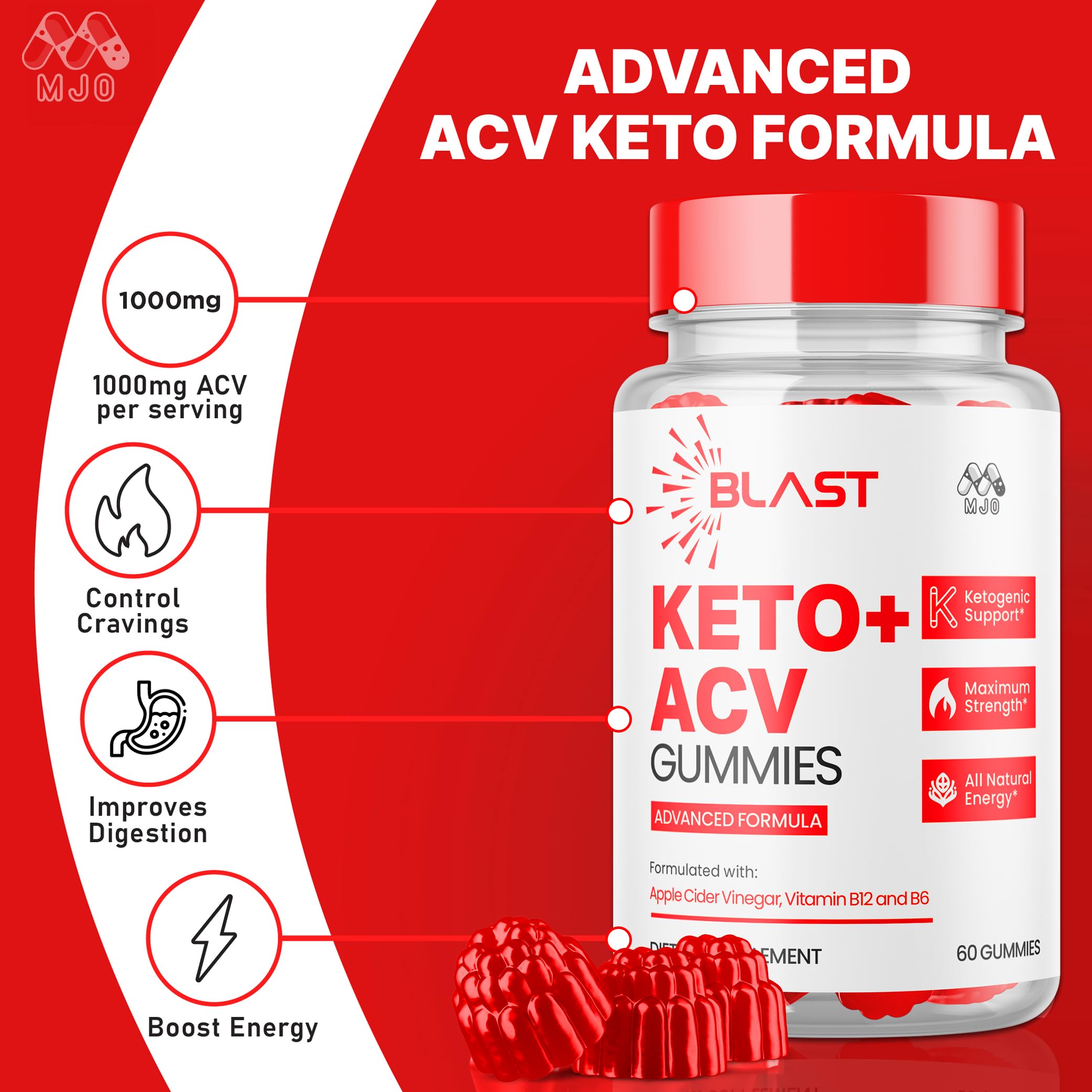 MJO Blast Keto ACV Gummies pouring from bottle illustrating serving ritual.