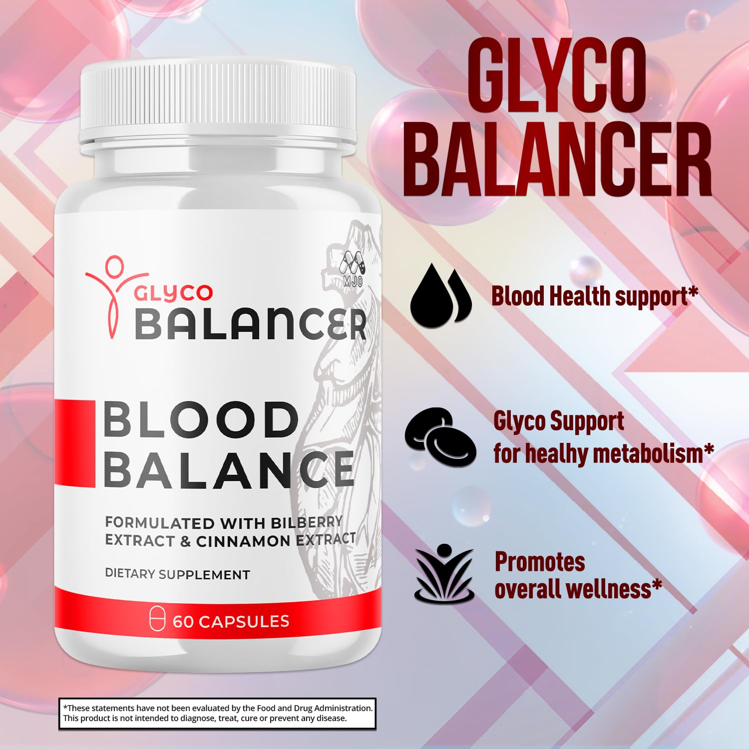 MJO Glyco Balancer bottle side view showing convenient daily supplement.