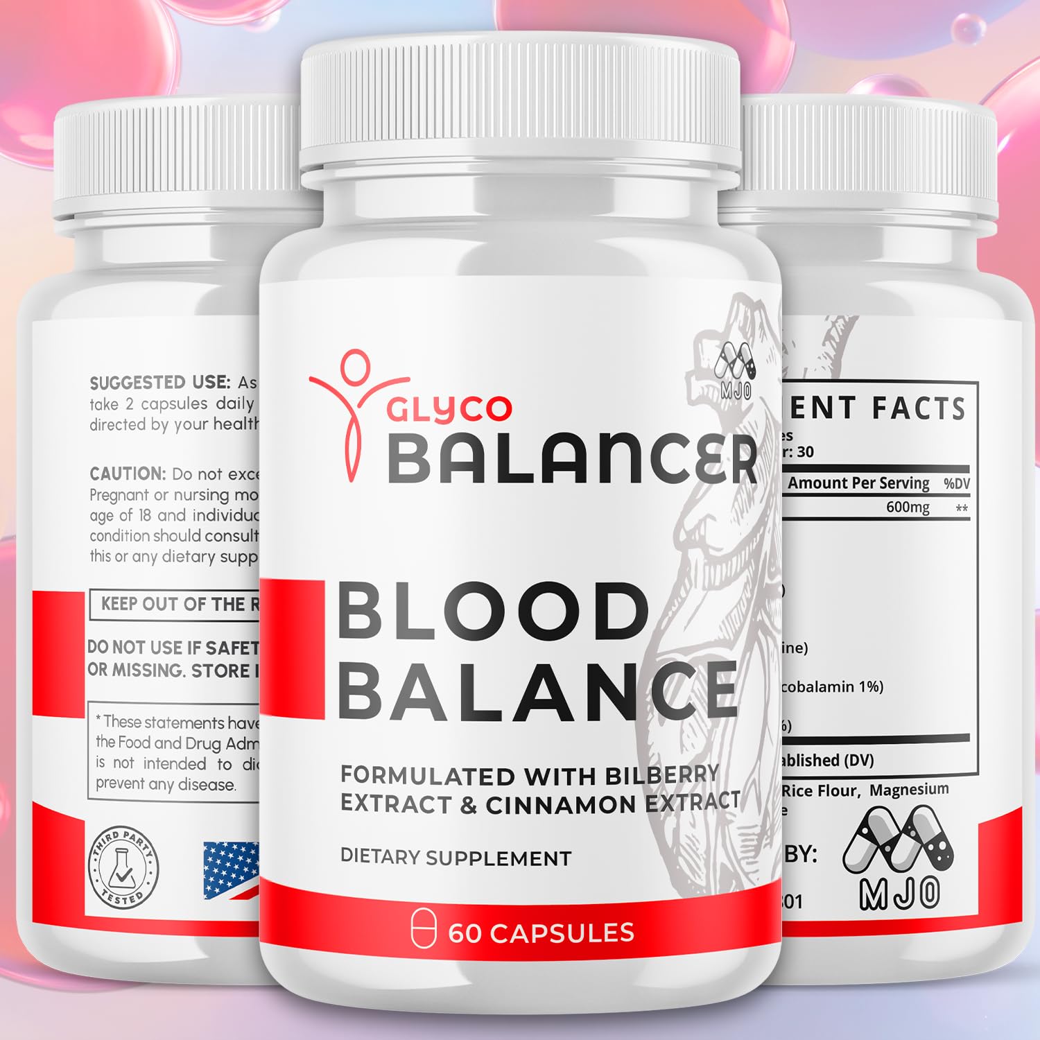 MJO Glyco Balancer capsules label close-up highlighting natural ingredients.