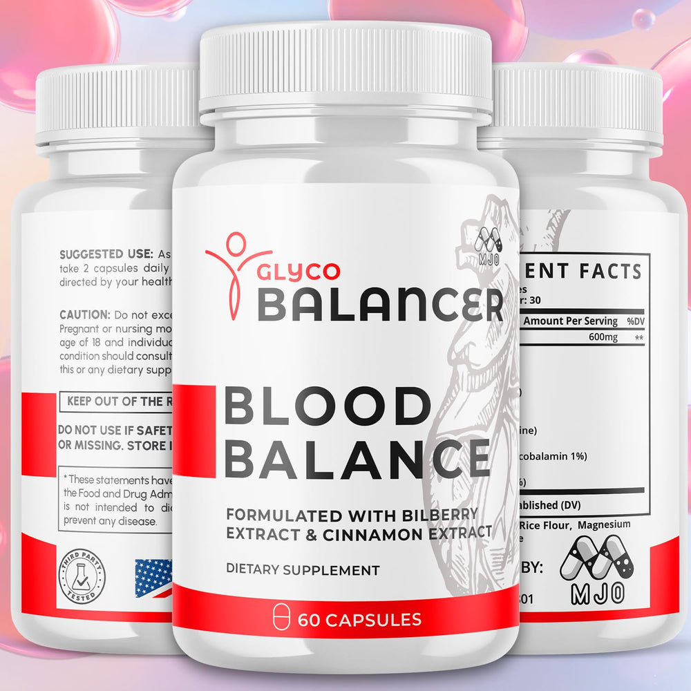 MJO Glyco Balancer capsules label close-up highlighting natural ingredients.