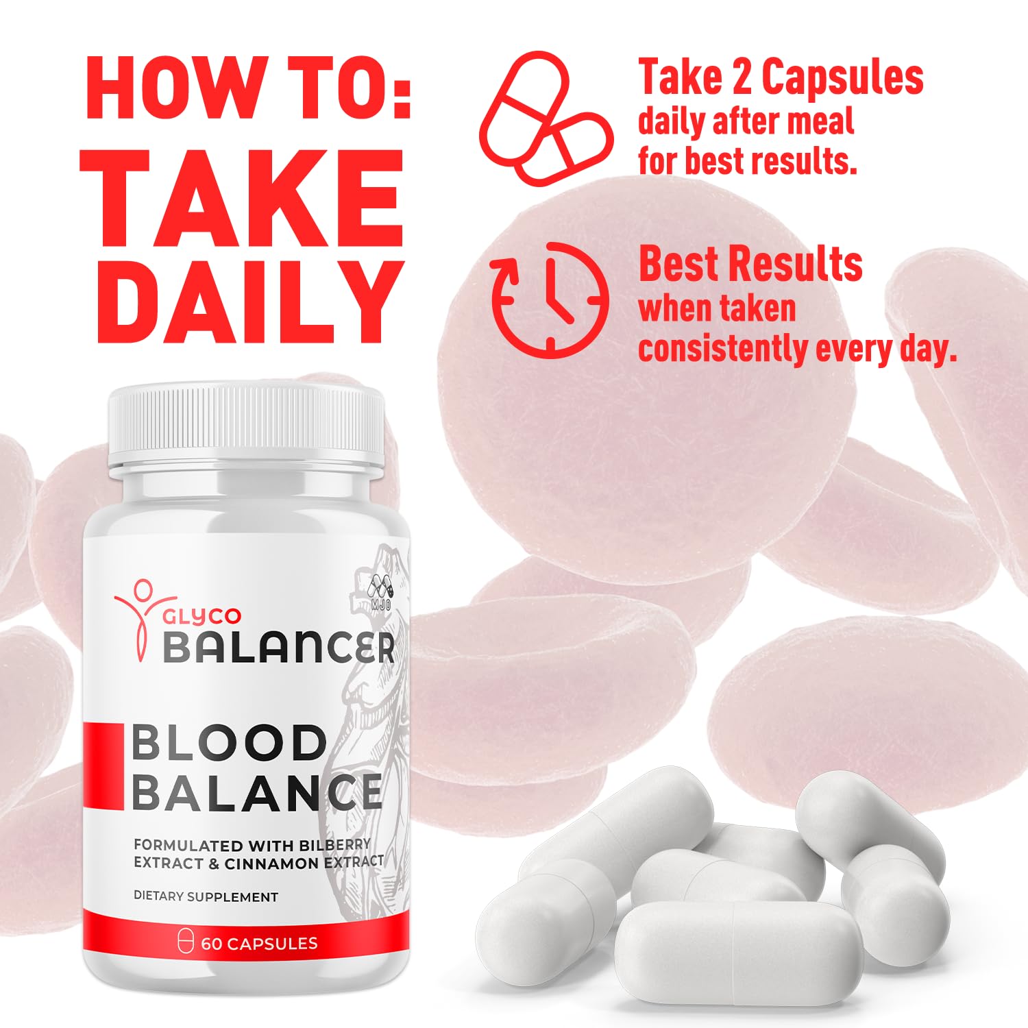 MJO Glyco Balancer capsules with a glass of water for routine use.
