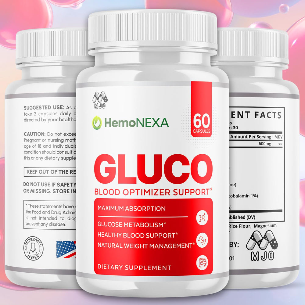 MJO HemoNexa capsules close-up highlights natural ingredient blend.